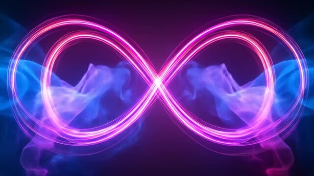 Glowing Infinity Symbol with Purple and Blue Light Trails on Dark Background Symbolizing Endless Possibilities and Ethereal Concepts