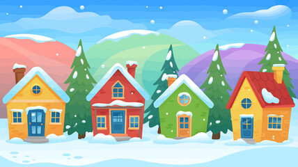 Colorful Cartoon Winter Village Scene with Snow Covered Houses and Evergreen Trees for Christmas Holiday Season