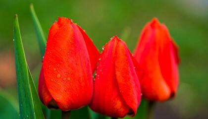 Tulips with green leaves close-up