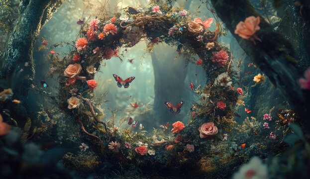 Enchanting floral wreath in a mystical forest.  Flowers, butterflies, and vines form a circular frame, set amidst a lush, misty woodland scene