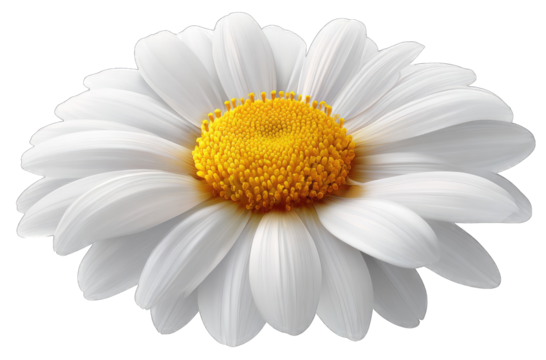 Close-up of a single, vibrant white daisy.  Petals are soft,  radiating outward from a central, bright yellow disk.  Image is well-lit and in focus