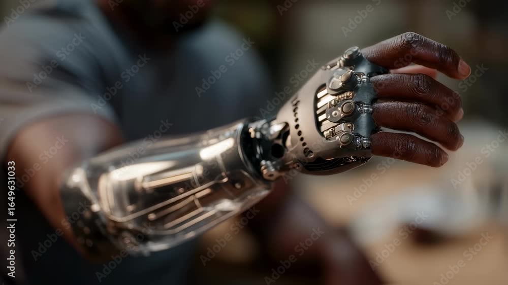 Poster medium shot showcasing a neuroadaptive prosthetic limbs socket interface emphasizing the responsive 