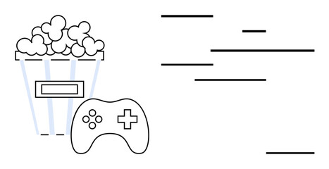 Game controller and popcorn bucket paired with abstract lines suggest fun, relaxation, multimedia consumption. Ideal for entertainment, gaming culture, streaming, leisure, lifestyle, tech branding