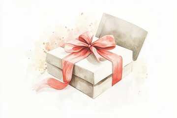 Watercolor gift box with ribbon.  Soft, muted colors of a light gray gift box, tied with a blush-pink ribbon, sits on a white background.  Watercolor splashes of peach and beige surround the gift.  