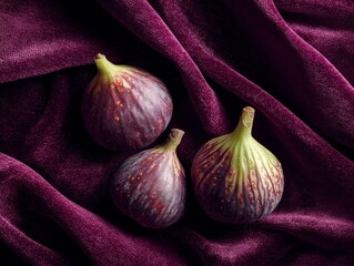 Fototapeta premium Three figs resting on luxurious purple velvet drapery