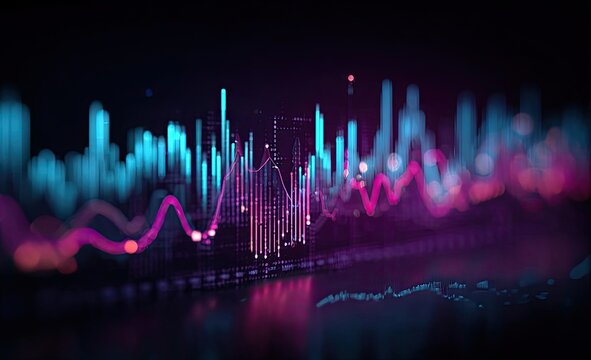 Abstract data visualization, showing fluctuating lines and points, in vibrant neon colors