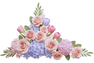 A beautiful triangular floral arrangement with pastel roses and blue hydrangeas. This gentle and romantic design element is ideal for wedding invitations or feminine branding.
