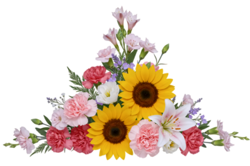 A beautiful triangular floral arrangement with sunflowers, lilies, and carnations. This vibrant and cheerful design element is perfect for summer or autumn-themed stationery.