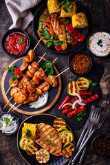 Assortment of grilled bbq meat and vegetables