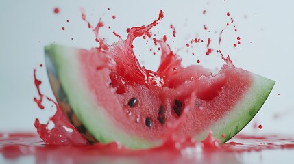 Delicious watermelon wedge with juice explosion on a clean surface showing the summer refreshment