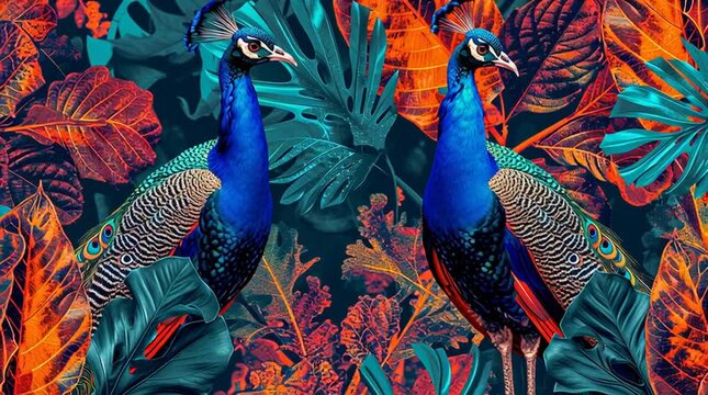 Vibrant peacocks display their stunning plumage amidst lush tropical foliage, showcasing intricate patterns and vivid colors in a captivating natural scene