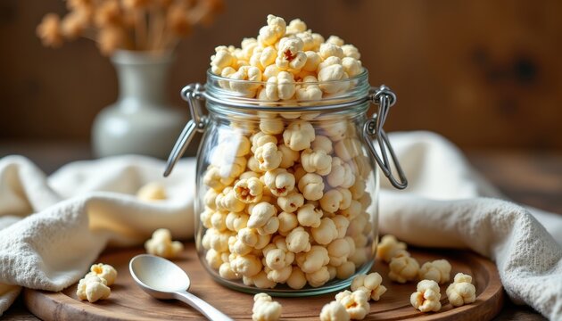 Charming clip top jar of popcorn kernels in a cozy scene with heirloom spoon and linen towel, soft textures, wheat hues, warm lighting, inviting ad composition, high resolution