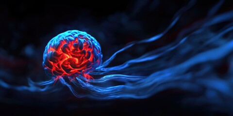 Fiery brain, surrounded by swirling blue energy, dark background