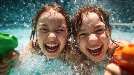 Two joyful twins playfully splashing water in a sunny swimming pool, capturing the essence of childhood happiness and playful summer days.