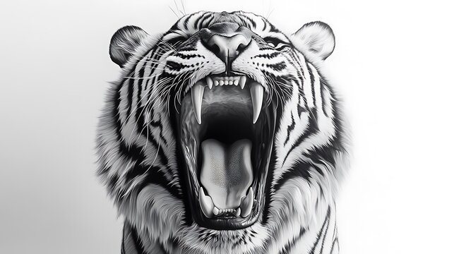 Detailed black and white photo of a roaring tiger showing its sharp teeth and fur