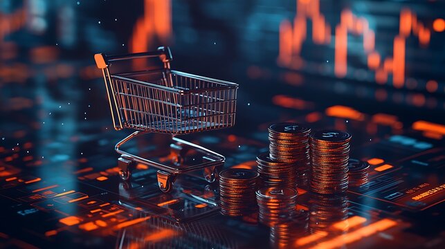 Digital shopping cart alongside stacks of coins representing online transactions and financial growth photo