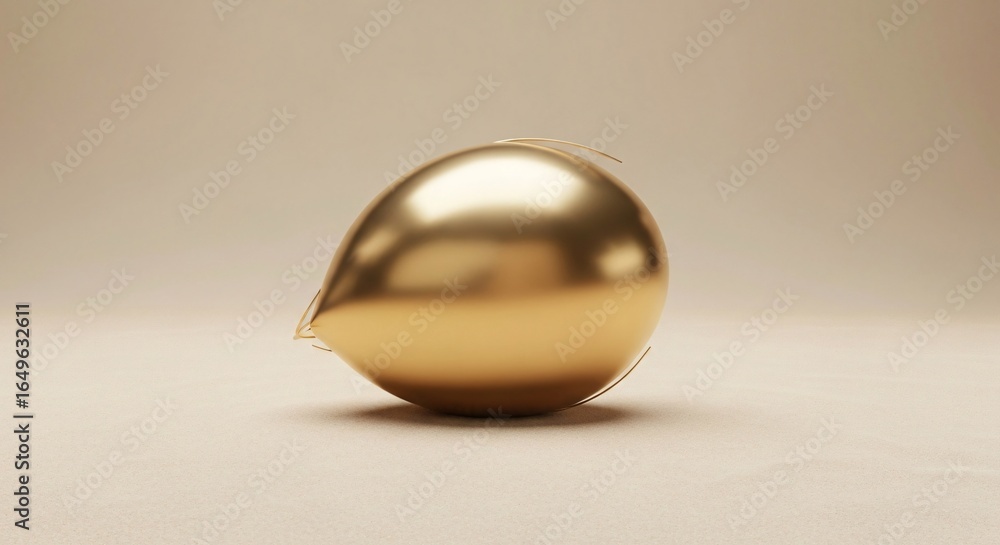 Poster Abstract golden tear-drop shape on a minimalist beige background with copy space.