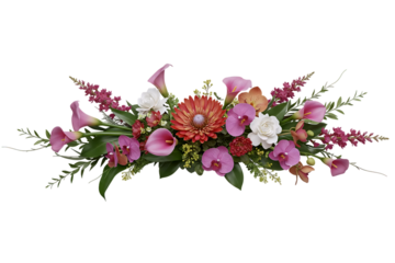 A long, beautiful floral arrangement with pink dahlias and calla lilies with fresh ferns. This elegant and romantic centerpiece is perfect for a sophisticated wedding or event table.