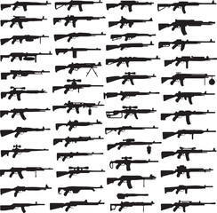 Collection of various rifle and gun silhouettes on white background Keywords: rifle, gun, weapon