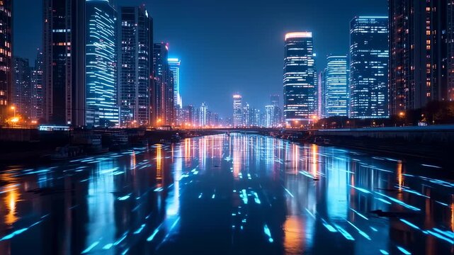 Cityscape at night Buildings reflecting in river water.
