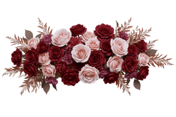 A luxurious, long floral arrangement of deep red and dusty pink roses. This moody and romantic centerpiece is perfect for an elegant wedding or formal event.