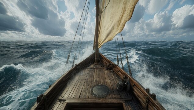 Stormy seas, wooden vessel's bow.  Vast waves crash around a  ancient ship