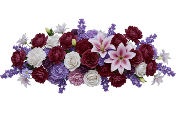 A beautiful, long floral arrangement with purple and red flowers, including lilies and lavender. This moody and luxurious centerpiece is perfect for elegant event decorations.