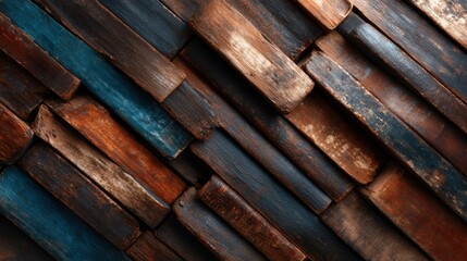 A vibrant arrangement of stacked wooden planks in varying colors creates a stunning abstract composition that explores texture, depth, and visual appeal.