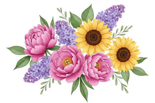 A beautiful floral arrangement of pink peonies, sunflowers, and purple lilac. This fresh and cheerful design element is great for summer-themed invitations or decor.