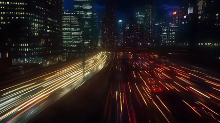 Obraz premium Dynamic nighttime photo captures the light trails of moving vehicles and city skyscrapers