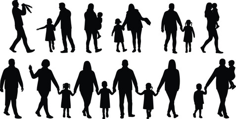 Silhouette family walking together, parents and children holding hands, outdoor lifestyle concept, happy family moments, parenting love, bonding, togetherness illustration