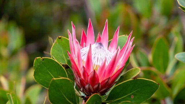 Elegant Pink Protea Flower Blossom with Vibrant Petals and Green Leaves in a Natural Outdoor Setting with Selective Focus