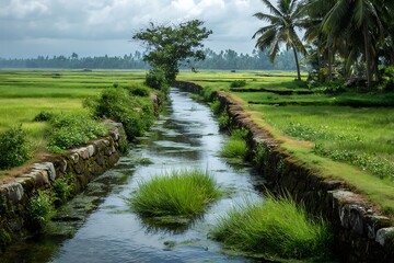 Paddy fields thriving with water canal high resolution picture
