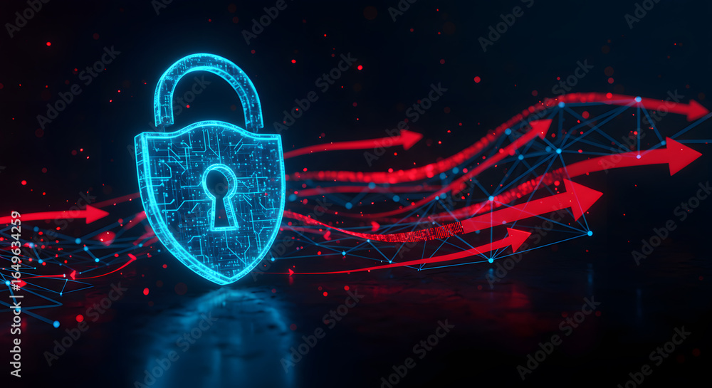 Poster digital blue padlock with red arrows representing security concepts