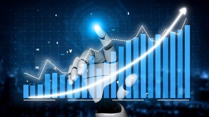 A robotic hand elegantly points to an upward financial graph, representing the intersection of...