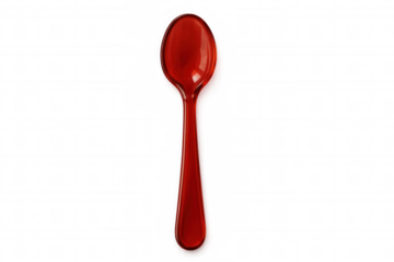 Glossy red plastic spoon standing against clean white backdrop, emphasizing sleek silhouette and minimalist kitchen utensil design