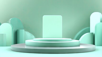 Mint green geometric shapes create a product display.