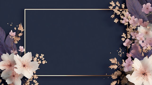 Elegant dark blue background with delicate pink and purple floral accents and a golden square frame