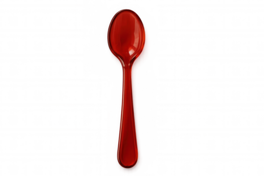 Glossy red plastic spoon standing against clean white backdrop, emphasizing sleek silhouette and minimalist kitchen utensil design