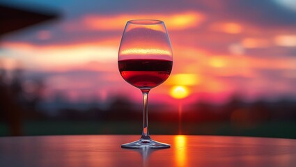A glass of red wine reflects the vibrant colors of a beautiful sunset during golden hour
