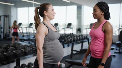 Pregnant Woman Working Out with Trainer in Gym - A pregnant woman and her personal trainer chat in a modern gym setting. - Powered by Adobe