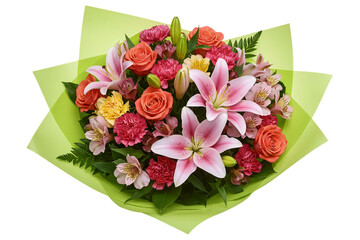 An elegant bouquet of pink lilies and orange roses, wrapped in fresh green paper. This beautiful and vibrant floral arrangement is ideal for a summer or spring gift.
