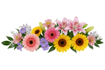 A beautiful, long floral arrangement with sunflowers, gerberas, and pink and purple flowers. This vibrant and cheerful centerpiece is ideal for a summer event table.