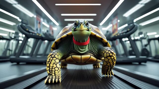 Funny turtle wearing red headband walking on treadmill inside modern gym surrounded by exercise machines under bright ceiling lights