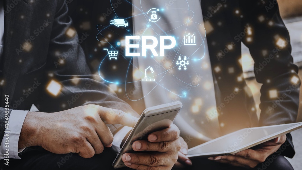 Aufkleber erp platform visual showing centralized system for enterprise resource planning, improving integrati