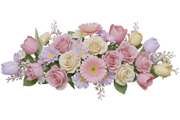 A long, beautiful floral arrangement of pastel roses and tulips. This gentle and romantic centerpiece is perfect for a wedding or event table.