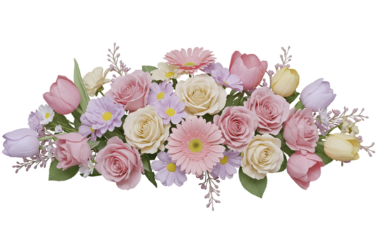 A long, beautiful floral arrangement of pastel roses and tulips. This gentle and romantic centerpiece is perfect for a wedding or event table.