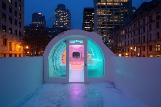 A futuristic, rooftop pod glows with vibrant lights