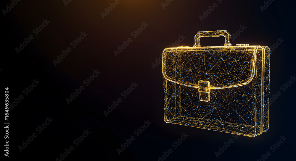 Poster 3d golden briefcase in plexus style on dark background