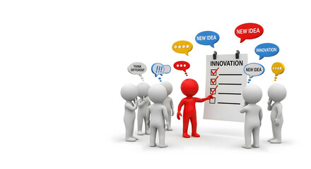 A team brainstorms innovative ideas and problem-solving, shown through thought bubbles and checklist. The diverse group works together towards solutions